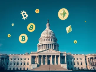 Depiction of the US Capitol symbolizing progress on crucial crypto legislation and digital currency bills, with votes advancing.