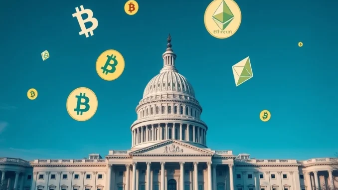 Depiction of the US Capitol symbolizing progress on crucial crypto legislation and digital currency bills, with votes advancing.