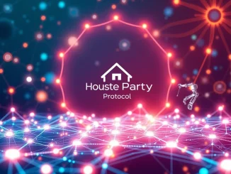 Visualizing the launch of House Party Protocol's AI-native mainnet, showing a new era of decentralized AI agents.