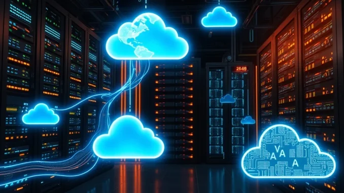 A visual representation of hybrid storage solutions efficiently managing vast AI workloads, depicting the crucial link between on-premise infrastructure and cloud data management for enterprise AI.
