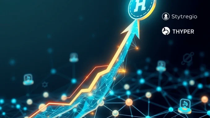 HYPER token surging on a blockchain network with glowing nodes and partnership icons