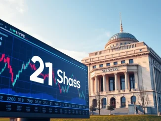 A digital display showing the new Hyperliquid ETP (HYPE) ticker, symbolizing 21Shares' launch on the SIX Swiss Exchange.