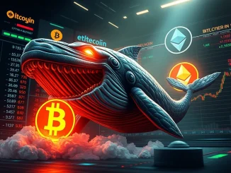 A digital whale with circuit patterns, symbolizing a Hyperliquid whale, makes an audacious $100M Bitcoin long with high leverage.