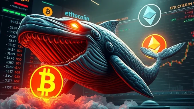 A digital representation of a Hyperliquid whale making a significant Bitcoin long position trade on a crypto exchange.