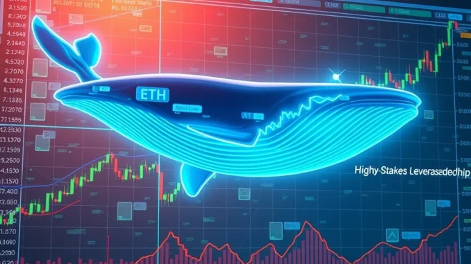 A digital whale on a crypto chart, symbolizing a high-leverage ETH long position by a Hyperliquid whale.