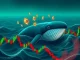 A large digital whale silhouette against a background of declining crypto charts, representing a Hyperliquid whale's significant ETH short position.