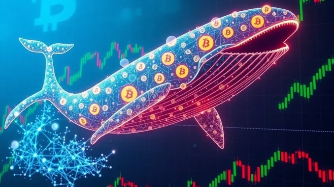 A large digital whale, symbolizing a Hyperliquid whale, makes a decisive move on a crypto chart, illustrating a significant BTC long position.