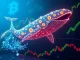 A large digital whale, symbolizing a Hyperliquid whale, makes a decisive move on a crypto chart, illustrating a significant BTC long position.