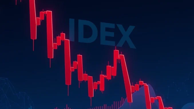 A dramatic red candlestick chart illustrating the IDEX Token's reported sharp decline, symbolizing the intense Crypto Volatility in the market.
