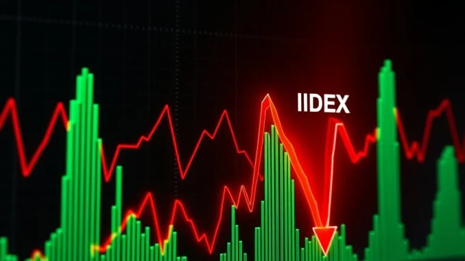 A volatile IDEX price chart showing a dramatic drop, illustrating the recent market instability and extreme cryptocurrency fluctuations for IDEX price.
