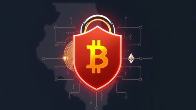 An illustration of a digital shield over cryptocurrency symbols, representing new **Illinois crypto regulation** protecting consumers.