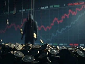 A shadowy figure represents the Infini hacker selling stolen ETH amidst a rising Ethereum price chart, symbolizing the recent crypto theft.