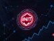 INIT cryptocurrency logo glowing with blockchain nodes and growth graphs