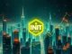 INIT cryptocurrency logo glowing amidst a futuristic blockchain cityscape