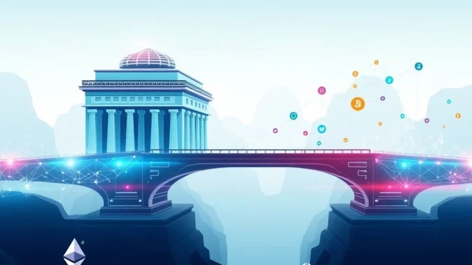 A digital bridge connecting traditional finance to DeFi, symbolizing Injective's revolutionary ETH treasury tokenization via SBET.