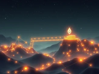 An abstract depiction of blockchain nodes connecting to a corporate treasury, symbolizing Injective's SBET tokenizing ETH and advancing Ethereum news in DeFi.