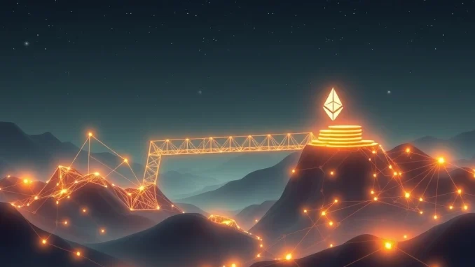 An abstract depiction of blockchain nodes connecting to a corporate treasury, symbolizing Injective's SBET tokenizing ETH and advancing Ethereum news in DeFi.