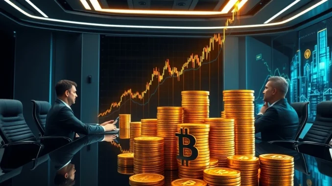 Chart showing a dramatic rise in institutional Bitcoin holdings, representing companies integrating BTC into treasury strategies.