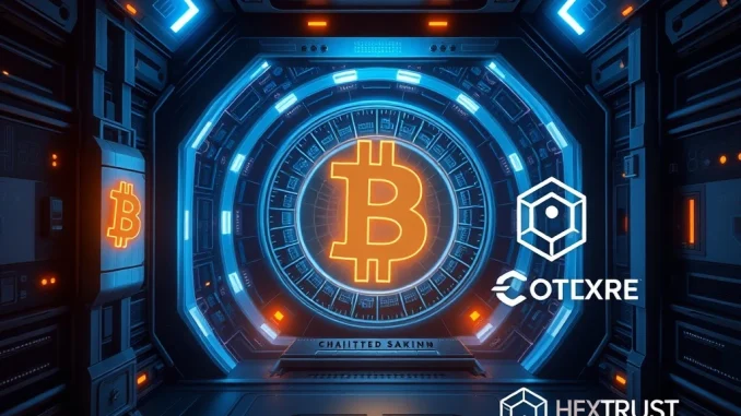 Visualizing secure institutional BTC staking through the partnership of Core Foundation and Hex Trust, enabling new investment opportunities.