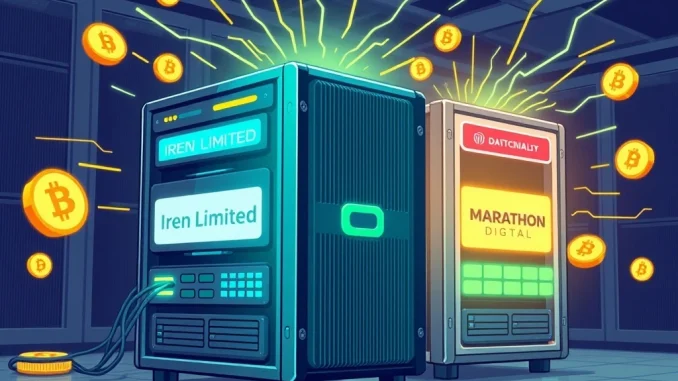 Iren Limited's superior Bitcoin mining performance in July, illustrating their lead over Marathon Digital in hashrate and BTC production.