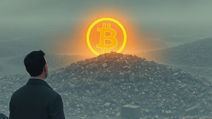 James Howells stands near a vast landfill, symbolizing his tragic loss of 8000 BTC on a discarded hard drive.