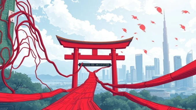 An illustration depicting the 'Japan crypto exodus', with companies and digital assets moving away from a traditional Japanese landscape towards a more modern, global crypto hub.