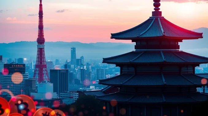 A digital rendering symbolizing Japan crypto policy, showing financial growth and innovation against a backdrop of the Tokyo skyline.