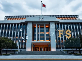 Illustration of Japan's FSA building with digital assets overlay, symbolizing a new FSA crypto unit for enhanced regulation.