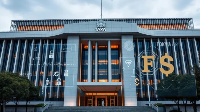 Illustration of Japan's FSA building with digital assets overlay, symbolizing a new FSA crypto unit for enhanced regulation.