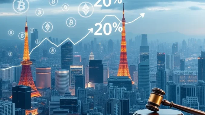 Illustrating Japan's proposed 20% flat **crypto tax** rate, simplifying cryptocurrency taxation for investors.