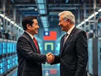 Officials from Japan and the US shaking hands, symbolizing the $550B Japan semiconductor funding deal for US chip manufacturing.