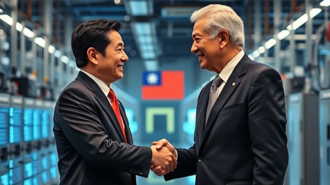 Officials from Japan and the US shaking hands, symbolizing the $550B Japan semiconductor funding deal for US chip manufacturing.