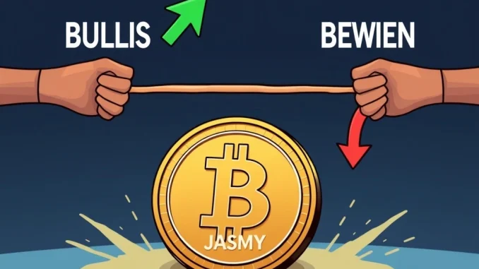 JasmyCoin: Can This Altcoin Phenomenon Defy Skepticism After a Stunning 15% Surge? A visual metaphor for JasmyCoin's market struggle, with bullish forces pulling up against strong bearish short positions.