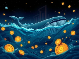 A digital whale swimming through volatile crypto coins, symbolizing Jeffrey Huang's high-stakes crypto investing in PUMP meme coin.