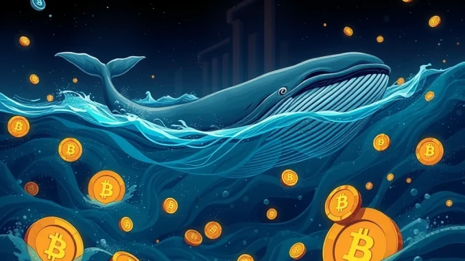 A digital whale swimming through volatile crypto coins, symbolizing Jeffrey Huang's high-stakes crypto investing in PUMP meme coin.