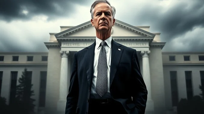 Jerome Powell stands firm, symbolizing the Federal Reserve's unwavering independence against political pressure, illustrating its crypto market impact.