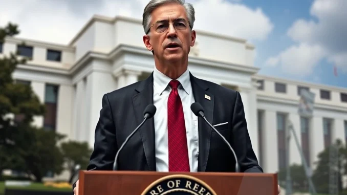 Jerome Powell, Federal Reserve Chair, standing firm against political pressure, symbolizing Fed independence amidst Trump criticism over renovation costs.