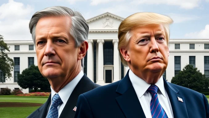 Jerome Powell, Donald Trump, and a subtle representation of the Federal Reserve building, symbolizing the critical discussions around the next Fed Chair and US monetary policy.