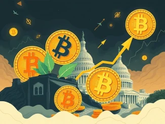 Jim Cramer, looking thoughtful, with a Bitcoin logo superimposed over a chart showing a rising Bitcoin price against a backdrop symbolizing the US debt crisis.