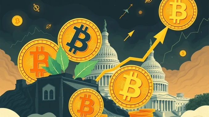 Jim Cramer, looking thoughtful, with a Bitcoin logo superimposed over a chart showing a rising Bitcoin price against a backdrop symbolizing the US debt crisis.