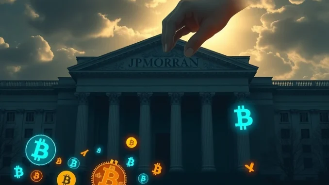 A powerful visual representing the tension between traditional banking and crypto advocacy, highlighting JPMorgan's alleged anti-competitive tactics against Bitcoin news and digital assets.