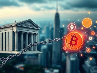 An illustration showing the conflict between a large traditional bank and the decentralized cryptocurrency world, symbolizing JPMorgan's alleged de-banking tactics against Bitcoin and other digital assets.