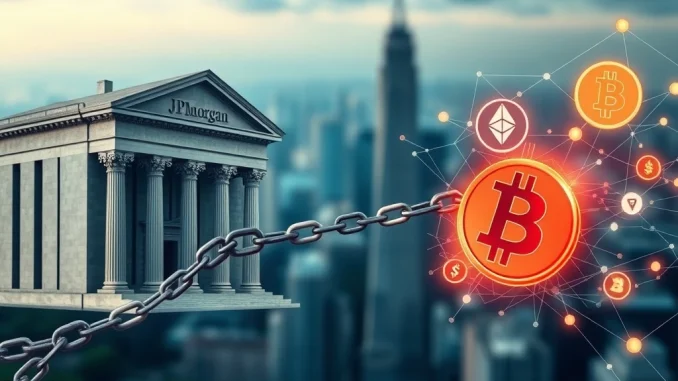 An illustration showing the conflict between a large traditional bank and the decentralized cryptocurrency world, symbolizing JPMorgan's alleged de-banking tactics against Bitcoin and other digital assets.