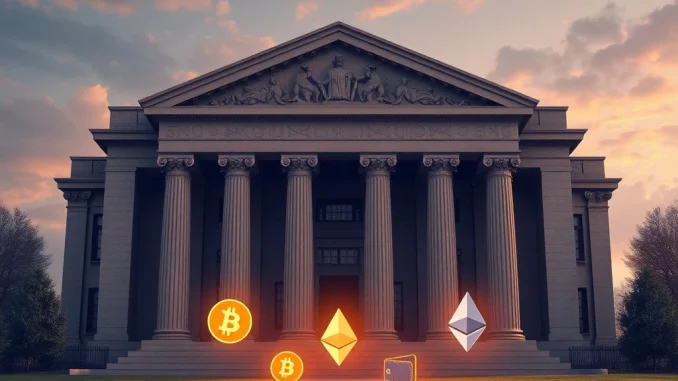 An illustration representing JPMorgan's alleged crypto de-banking tactics, with a bank barrier limiting access for digital assets.