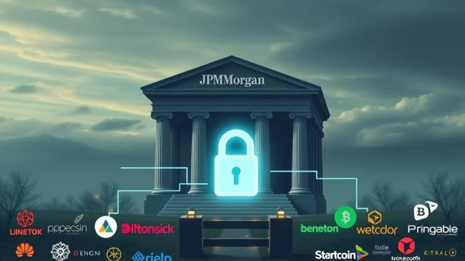 JPMorgan data fees threaten fintech and crypto innovation, depicting a large bank imposing barriers on smaller digital companies.