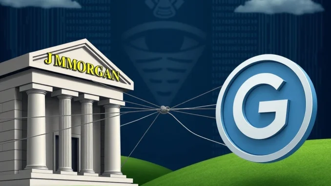 A visual representation of the JPMorgan Gemini clash over data access and crypto regulation, showing a traditional bank and a crypto exchange in opposition.