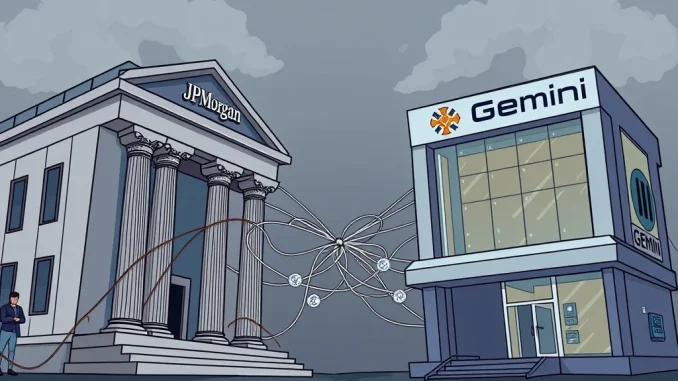 JPMorgan Gemini Conflict: A Critical Blow to Crypto Banking? A visual representation of the intense JPMorgan Gemini conflict over data access fees, highlighting the strained relationship in crypto banking.