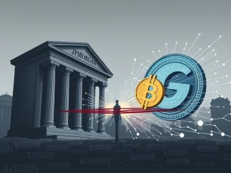 A digital Gemini logo facing off against a traditional JPMorgan building, symbolizing the ongoing JPMorgan Gemini crypto data fees dispute.