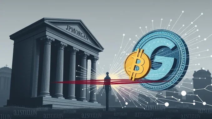 A digital Gemini logo facing off against a traditional JPMorgan building, symbolizing the ongoing JPMorgan Gemini crypto data fees dispute.