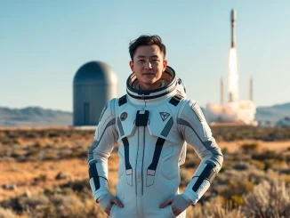 Justin Sun, Tron founder, standing proudly before a Blue Origin rocket, symbolizing his participation in the NS-34 mission.